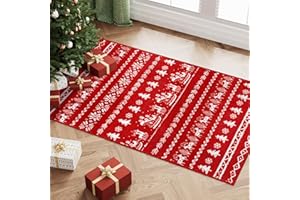 PureCozy Christmas Rug 60x90cm Red Carpet Doormat Kitchen Mat Snowflakes Small Xmas Area Rugs Washable Non Slip Soft Carpets Bedroom Bathroom Christmas Decorations Short Pile