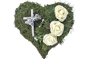 Passion MaDe Grabgesteck Grabschmuck Grabaufleger Grab Friedhof Trauerherz Rebenherz Totensonntag Allerheiligen künstlich wetterfest Herz grün Moosherz (31 - Kreuz Rosen weiß)
