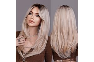 7JHH WIGS Peruka z długimi włosami blond, czarne u nasady, warstwowa, syntetyczne włosy, naturalnie wyglądające, odporne na wysokie temperatury, do codziennego użytku, na imprezę, 61 cm