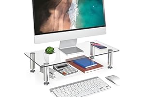 FITUEYES Monitor Stand Glass Height Adjustable PC Laptop Computer Screen Riser, Home Office Supplies Desk Organizer 38.5x24cm