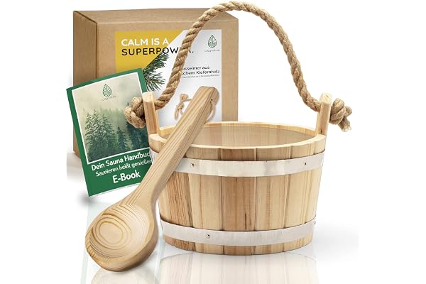 CozyNature Seau pour sauna avec louche en pin finlandais de haute qualité | anneaux métalliques, corde de chanvre et insert en plastique| louche incluse | 100% fait main - traditionnel | 4 litres