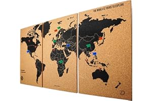 Mapa mundi de corcho para chinchetas – 3 paneles autoadhesivos 60×30 cm (30×20 cm cada uno) – 60 chinchetas de colores incluidas – Tablero de corcho para pared y decoración de viajes – Zinello Design