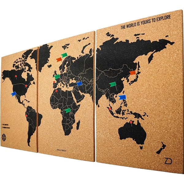 Carte Du Monde En Liège Splosh Avec 100 Épingles - Cadre Bois Pour Marquer Voyages Passés Et Futurs - 93.5x65.5cm