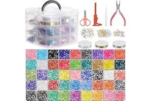 HANDI STITCH 26880 Pièces Kit Creation Bijoux Perles Rocailles avec Outils et Boîte de Rangement - Perles Verre de Couleur Variées, Ficelle Élastique, Ciseaux, Pince et Pincette pour Bracelets