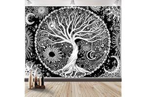 ProChosen Tree of Life Tapestry, Black and White Moon Sun Starry Tapestry Aesthetic Wall Hanging Tapestries Wall Hanging Nature Home Decorations For Bedroom Dorm Room (150×130cm/59×51")
