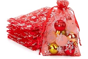 Yesaler Sacchetto di Organza Fiocco di Neve Natalizio Con Coulisse per la Decorazione dei Regali - 100 Pezzi (Rosso, 10x15 cm)