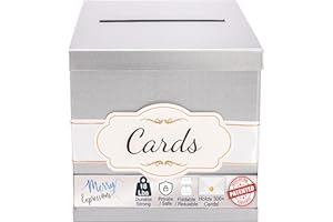 Merry Expressions Silver Wedding Card Box for Party, Wedding, Birthday, Graduation, 25 x25 cm - Large Post Box for Cards & Memories - Wedding Gift Card Box with White & Gold Satin Ribbon & Cards Label
