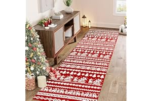 ‎PURECOZY PureCozy Weihnachten Teppich 60x240cm Weihnachtsteppich Roter Teppiche Läufer Flur Küchen Schneeflocken REH Weihnachtsbaum Waschbarer rutschfest Weihnachtsdeko Carpet