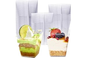 MATANA 48 Hard Plastic Dessert Cups, Dessert Pots (Square, 225ml) - Reusable Cheesecake Pots, Fruit Cups, Jelly Pots, Trifle Bowl - Dessert Glasses for Pudding, Mousse, Parfait, Tiramisu