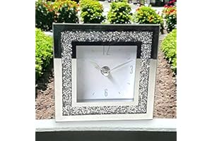 SERENA'S ® Elegant Square Crushed Diamante Mantle Clock with Roman Numerals – Mirrored Glass Design for Stylish Desk or Table Décor – Perfect for Home or Office – 14 cm x 14cm