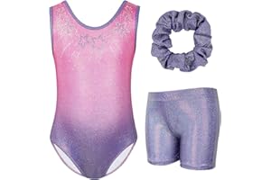 Gogokids Ensemble de Gymnastique Trois Pièces pour Filles, Justaucorps Sans Manches avec Shorts et Bandeau, Tenue de Gymnastique avec Design de Couleur Scintillants Dégradée pour 3 à 12 Ans