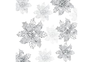 GWHOLE 21 Pezzi Fiori per Albero di Natale Poinsettia Glitter Fiore di Stella Fiore Artificiale Argento Decorazioni Ornamenti Ciodoli e Addobbi per Albero Natalizio e Ghirlande, 9/11/16CM