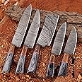 indpt knife Custom Handmade Damascus Chef with Leather Cover, Set of 5 Pieces