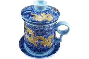 ufengke chiński kubek do herbaty ze złotym smokiem, ręcznie robiony niebiesko-biały kubek do herbaty, z filtrem, pokrywką i spodkiem, do użytku domowego, 300 ml