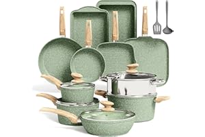Kitchen Academy 17 Pcs Pots and Pans Set Non Stick, Induction Kitchen Cookware Set, Green Healthy Nonstick Granite Coated Saucepans Frying Pans Set, PFOA & PFOS Free