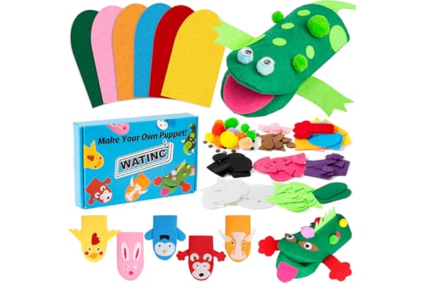 WATINC 6Pcs Marionnettes a Main en Feutre Kit Loisirs Creatif DIY pour Enfants Bricolage Jouets de Marionnette à Main Créatifs Crafts Animaux Jouets éducatifs Pompons Wiggle Googl Eyes Cadeau de Fête
