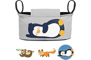 GLÜCKSWOLKE Bolso Carrito Bebe - 12 Motivos I Organizador para Coche de Paseo I Accesorios para Cochecito para Mama I Bolsa Carro I Bolsos Sillas de Paseo I Motivo Pingüino (Gris)