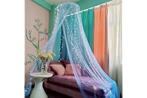 Eimilaly Betthimmel Moskitonetz mit 250pcs Bunte Vorhang Lichter, Betthimmel für Mädchen Zimmer Dekoration oder Motto-Party, Blue/Warmweiße Lichter