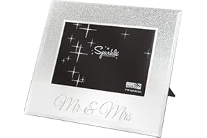 Maturi Silver Glitter Photo Frame, Mirrored 6 x 4 Inch, Mr & Mrs Wedding Gift