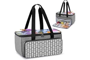 YARWO Bolsa de Labores, Bolsa Portátil de Ovillos con Funda Transpatrentes para Labores de Tejer, Agujas de Tejer Circulares y Rectas, Ovillos de Lanas y Accesorios de Tejer, Gris con Patrón Flecha.