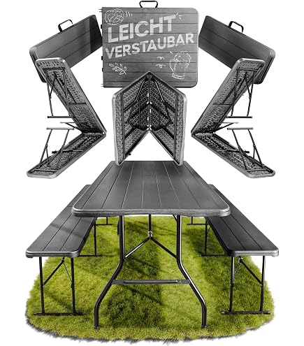 Set De Jardin Pliable Table + 2 Bancs En Plastique - Dimensions Table 180x70 Cm, Bancs 183x28 Cm, Capacité 270/310 Kg, Noir