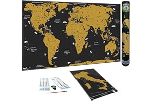 WIDETA Mappa del mondo da grattare in italiano, XXL (82x43cm)/ Carta patinata extra speso 300 g/m² e laminata con pellicola protettiva/Bonus Mappa dell'Italia y accessori
