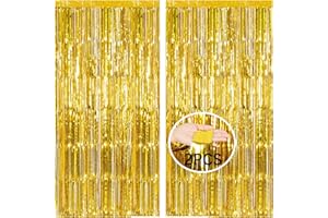 AMZJIMTOP Gold Tinsel Foil Fringe Curtain Party Decorations 2Pcs 3.3ft *6.6ft Metallic Tinsel Curtains Streamers Party Backdrop Foil Curtain for Birthday Party Wedding Holiday Decoration