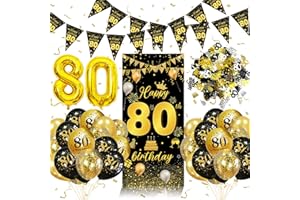 WEEYIN 80th Birthday Decorations Men Women, Black Gold Party Decorations with 80th Birthday Balloons, Banner Flag, Confetti