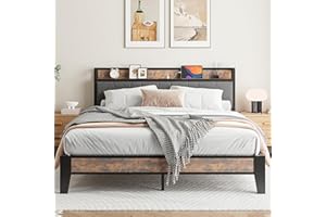 IRONCK King Size Bed Frame with Storage Shelf Upholstered Headboard, Platform Bed Frame with Charging Station, Metal Bed Frame/UnderBed Storage, Enhanced Support Noise Free, Vintage Brown+Grey