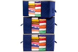 Stackzy Large Clothes Storage Bags – Sturdy Fabric Closet Organiser – Foldable Storage Solution for Closet or Underbed – Storage Bin with Reinforced Handles – 3pcs, Blue 90L Capacity