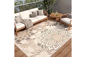 TAPISO Alfombra De Terraza Exterior Interior Terraza Balcón Jardín De Invierno Cocina Salón Moderna Beige Gris Floral Aspecto 3D Resistente A La Intemperie Oeko-Tex 160 x 220 cm