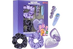Get Trend Kpop Demon Hunters Huntrix hårtillbehör för flickor och tonåringar, 5-delars set med hårklämmor, hårsnoddar och vikbar hårborste med kompakt spegel, för skola, utflykt och resor