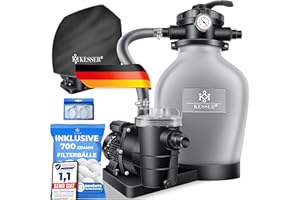 KESSER® Sandfilteranlage Sandfilter + 700g Filterbälle ersetzen 25kg Filtersand 7-Wege Ventil mit Druckanzeige Poolfilter 10 m³/h Filteranlage Filterkessel für Pool 10.200 L/h, Inkl. Wettercover, Grau