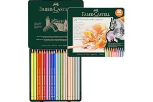Faber-Castell - Polychromos färgpennor, 20 färger i metallfodral | Konstnärspennor med 3,8 mm stift, ljusbeständiga pigment och mjuk, fyllig färgpåföring
