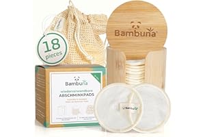‎BAMBUNA BAMBUSPRODUKTE NACHHALTIG Bambuna Pack of 18 Reusable Make-Up Pads with Bamboo Box and Cotton Wash Bag - Made in Germany - Washable Cotton Pads - Sustainable Make-Up Wipes - Make Up Remover Pads
