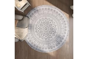 ‎SONGMICS HOME SONGMICS HOME Teppich rund, Outdoor Teppich, Boho, 160 cm d, waschbar, rutschfest, Floral Vintage, für Wohnzimmer, Esszimmer, Schlafzimmer, Optik, Garten, Terrasse, Balkon, Taubengrau TAR052G01