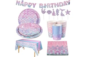 YILAKLA 100 Stück Meerjungfrau Geburtstag Deko Meerjungfrau Partygeschirr Set Meerjungfrau Party Teller Becher Servietten Tischdecke Banner Tortendeko Meerjungfrau Deko Kindergeburtstag（16 Gäste）