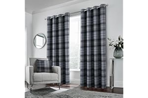 always4u 100% Blackout Curtains Check Eyelet Bedroom Tartan Curtain Plaid Brushed Cheque Pair of Highland Woolen Look Window Treatment for Living Room Black 66 * 72 Inches