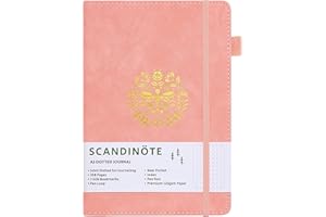 SCANDINOTE A5 Bullet Dotted Journal, 208 Pages, 120gsm Paper, Vegan Leather Cover, 3 Bookmarks, Pen Loop, Pocket, Index, 180° Lay-Flat, 5mm Dot Grid for Bullet Journaling & Planning