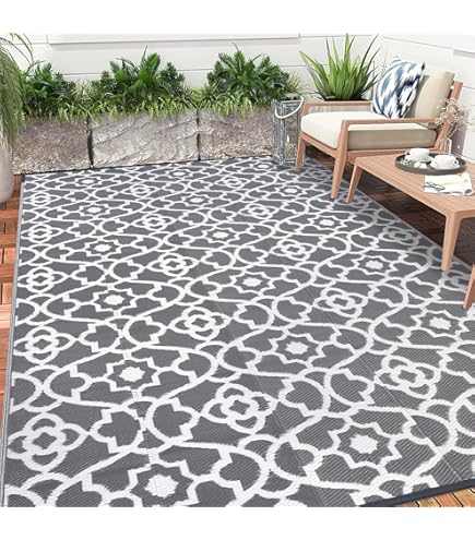 GENIMO Buitentapijt Weerbestendig en Waterdicht – Opvouwbaar Omkeerbaar Terraskleed van Kunststof, Outdoor Vloerkleed voor Camper, Tuin of Balkon, 150x240cm, Lampenmotief Zwart en Grijs