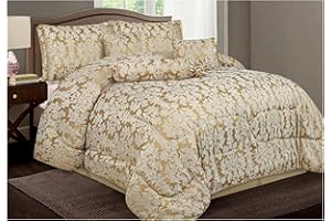 Opulent Living 7-Piece Jacquard Floral Comforter Bedding Set – Includes Bedspread, Valance Sheet, Pillow Shams, Cushion Cover, Decorative Pillow & Neck Pillow (Gold, King, Leaf)