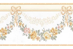 Dundee Deco BD6192 Tapeten Bordüre, vorgekleistert, Blumenmuster, Grün, Weiß, Perle, Braun, Rosa Rosen in Girlanden Wandbordüre, Tapetenbordüre Retro-Design, 4,57 m x 12,95 cm
