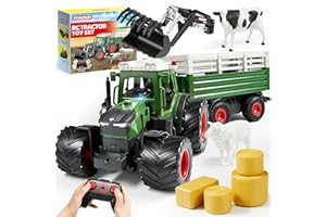 SYNCFUN Set di giocattoli trattore telecomandato grande veicolo agricolo con rimorchio, caricatore, luci e suoni