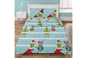 Coco Moon The Grinch Reversible Single or Double Bed Size Duvet Cover and Pillow Set for Kids Ideal Prime Gift (Double, White & Blue)