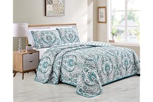 Linen Plus Quilted Coverlet Bedspread Set Turquoise Teal Grey Charcoal White New # Lori (Full/Queen)