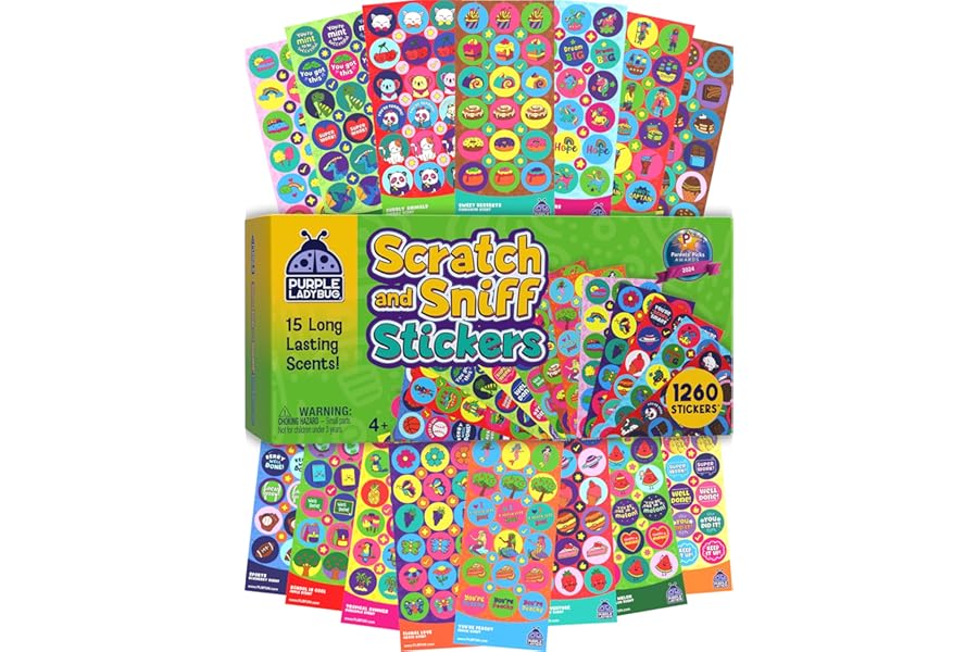 PURPLE LADYBUG 1260 Scratch and Sniff Smelly Stickers - 810 Large & 450 Small Scented Stickers in 15 Unique Scents for Kids & Teachers - Teacher Essentials, Ideal for Rewards, Classroom Must-Have