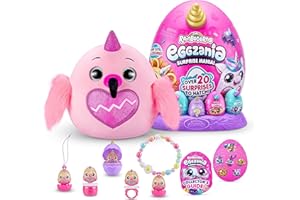 Rainbocorns Eggzania Surprise Mania Daffy the Flamingo - Collectible Plush - Over 20 Surprises Inside, 28 cm, Cuddle Plush Stuffed Animal, Rings, Bracelets, Stickers, Wearable Accessories (Flamingo)