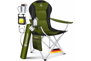‎KESSER KESSER® Campingstuhl faltbar bis 150 kg Angelstuhl Faltstuhl Klappstuhl Gepolstert mit Armlehnen, hohe Rückenlehne Strandstuhl, Klapphocker inkl. Campinglicht Getränkehalter Tasche & Becher Khaki