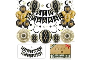 ITSY BITSY PARTY CO Premium Reusable Eid Decorations - Eid Mubarak Decorations - Ramadan Decorations for Home - Multi-occasion Eid Mubarak Banner, Hanging Crescent Moon & Star Decorations (Black & Gold + Balloons)