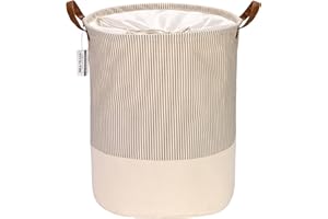 Sea Team Kosz na pranie w paski, tkanina płócienna, kosz na pranie, składany kosz do przechowywania z uchwytami ze skóry PU i zamknięciem na sznurek, 50 x 40 cm, wodoodporny wewnątrz, szary